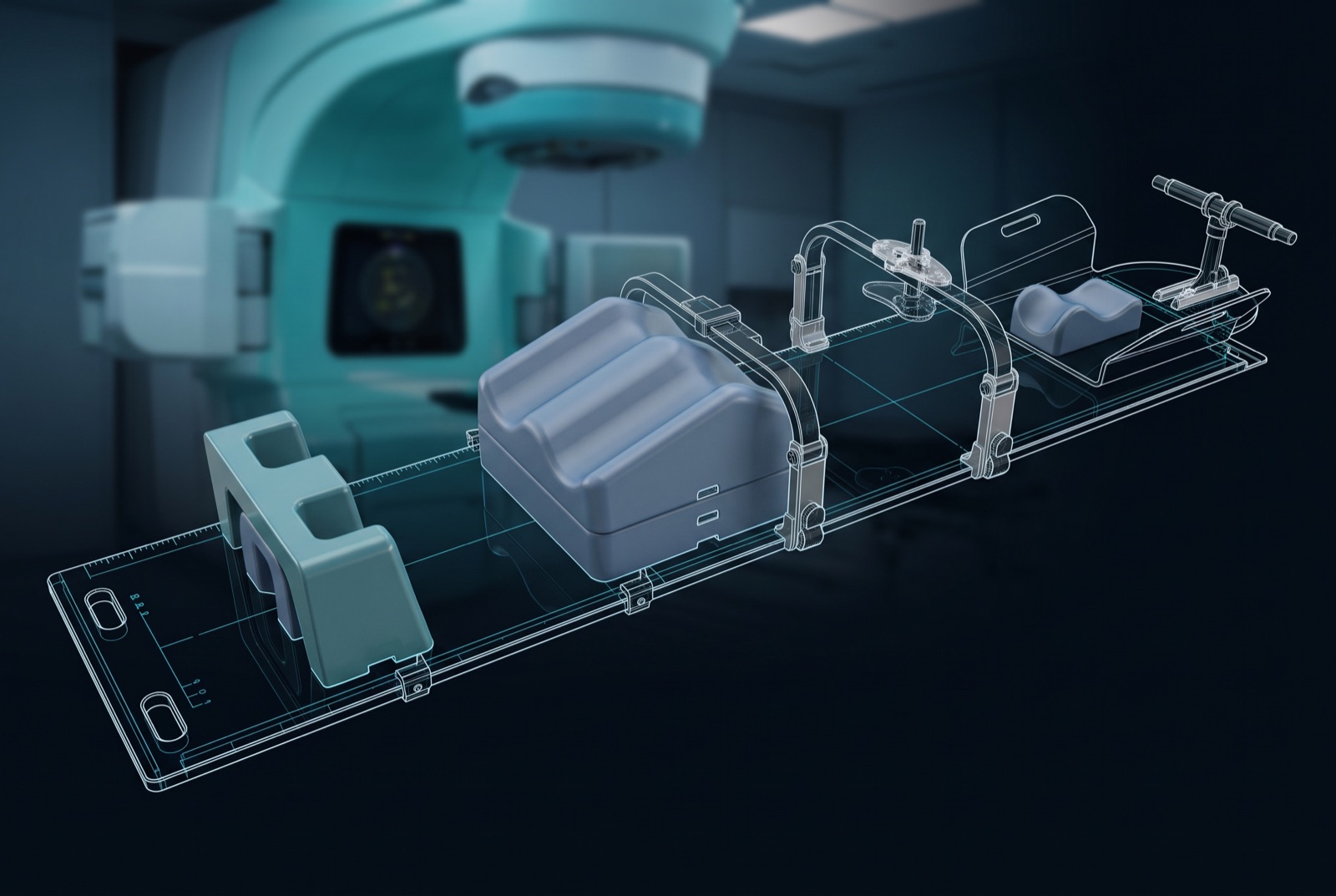 Composición de dispositivos de inmovilización para radioterapia fabricados por SyTT: la bandeja base como plano técnico y las piezas en render 3D realista, con una sala de radioterapia de fondo